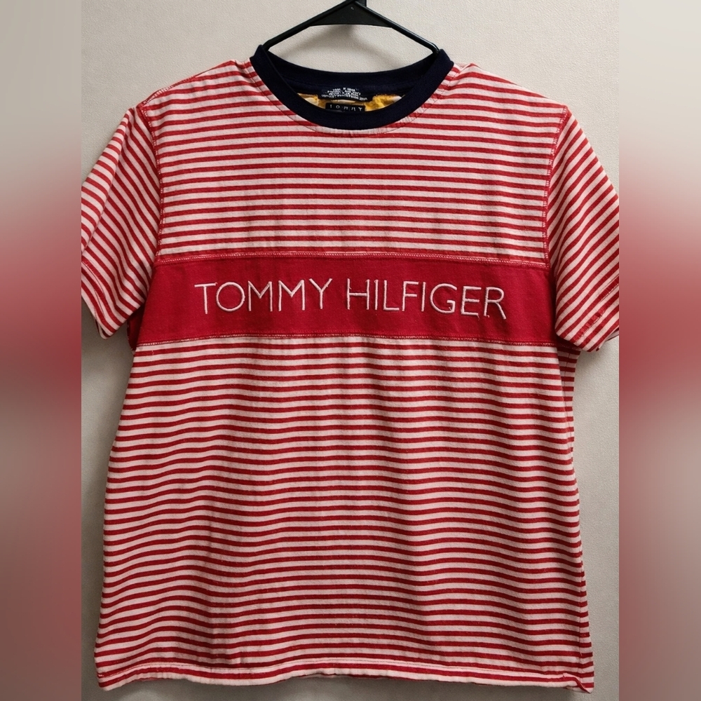 Tommy Hilfiger Red White Striped Logo Tee Women Size M Preppy